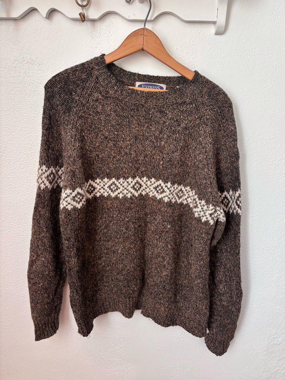 Vintage Express Brown Fisherman Knit Sweater Fair Isle Pullover Coastal Size Unk